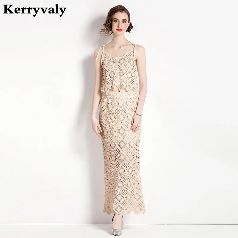 

Holiday Wind Crochet Embroidery Lace Hollow Short Suspender+hip Slit Skirt Two-piece Suit Ensemble Femme 2 Pièces été K3144