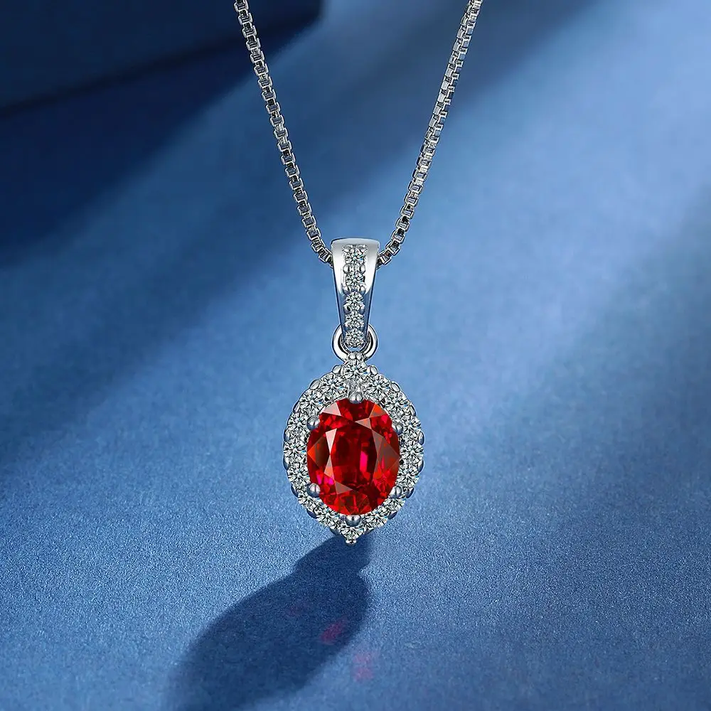 

Created Red Ruby 925 Sterling Silver Oval Egg Shape Pendant Necklace for Women Statement Gemstone Jewelry Choker Colar de Prata