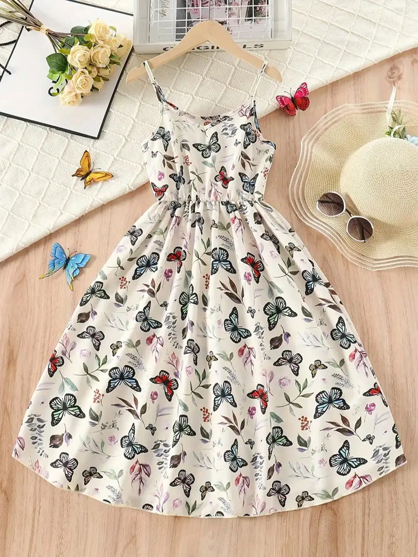2026 Casual and Elegant Girls' Butterfly Print Sleeveless Dress - V-Neck, Long, Perfect Choice for Summer