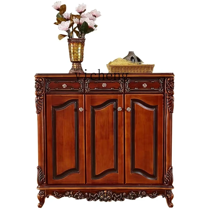 

ZK shoe cabinet solid wood carving flower porch locker living room three door shoe cabinet retro American classical shoe cabinet