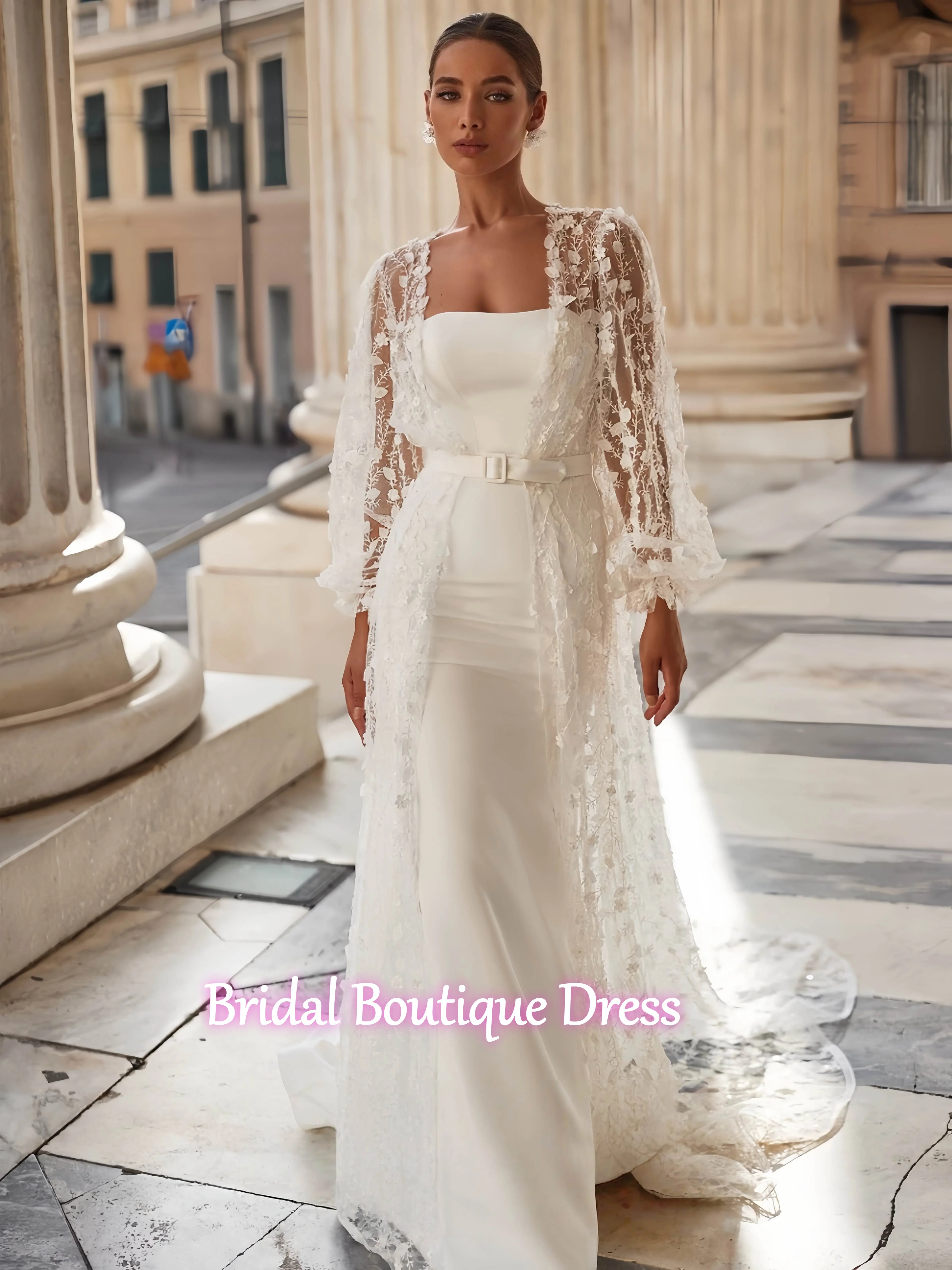 

New Arrivals Detachable Long Sleeve Shawl Lace Tulle A-line Bridal Wedding Dresses Vestido De Novia