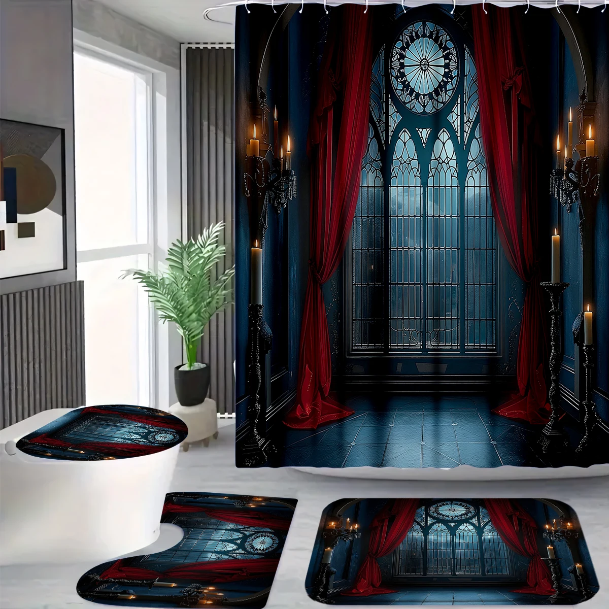 

4Pcs Gothic Castle Shower Curtain Set with Hooks, Red Curtain Stained Glass Print Waterproof Mildew Resistant Fabric Bath Mat for Family Bathroom Home Decor