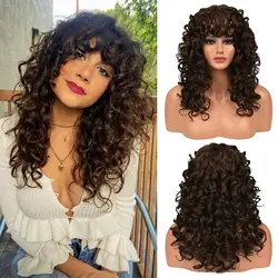 Syntetyczna peruka z kręconymi włosami z grzywką dla kobiet Długa 16-calowa czekoladowo-brązowa peruka z peruką typu Kinky z delikatną grzywką WIG Curly Gorgeous Shag Wig