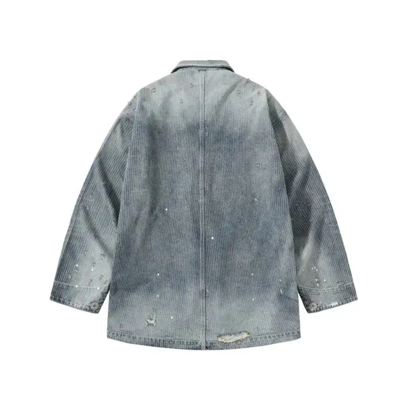 HKSH Spring Autumn New Man Trend Washed Distressed Jacquard Ripped Frayed Denim Oversized Casual Shirt Jacket Women Coat HK14328