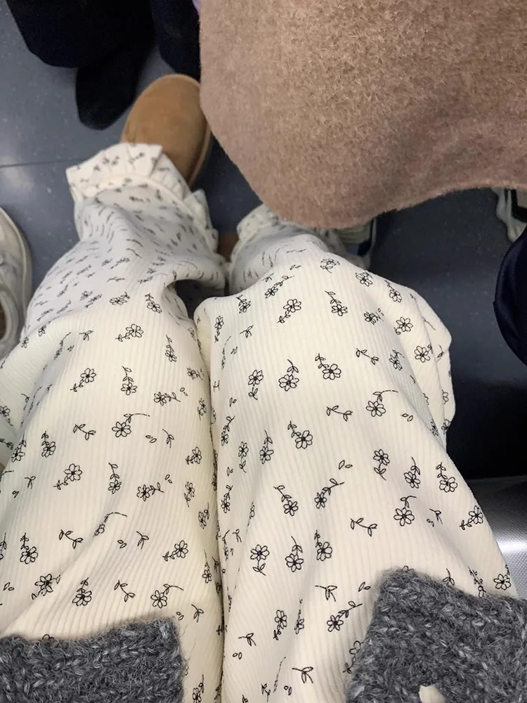 

Ретро-брюки из вельвета с цветочным принтом, женские, утепленные, с высокой талией, маленькие размеры, прямые широкие брюки с кружевом, осень-зима