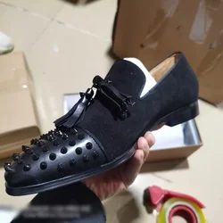 British Style Black Suede Loafers Fashion Men Tassel Shoes Luxury Spikes Shoes Thick Bottoms Slip On Leather Casual Shoes