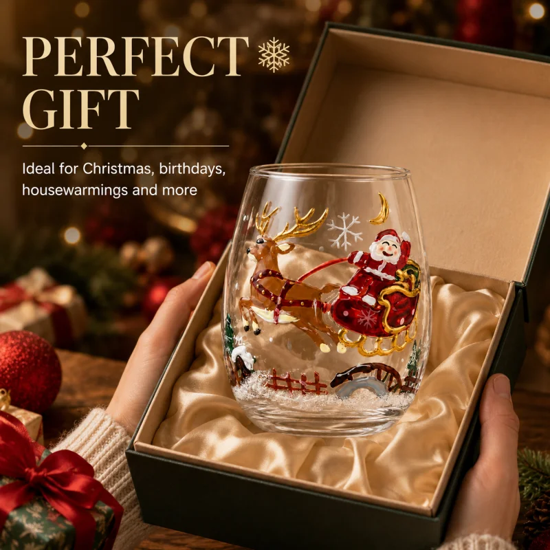 Creative Christmas Drinking Glass Hand Painted Holiday Santa Tree Reindeer Snowman Cup for Whisky Juice Cocktail Gift