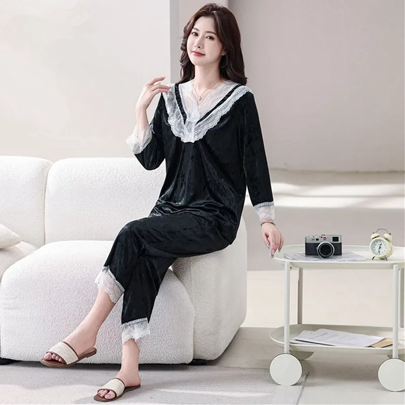 

XL-6XL Высококачественные золотые бархатные пижамы для женщин, осенне-зимний комплект домашней одежды с длинными рукавами, сексуальный французский костюм для сна