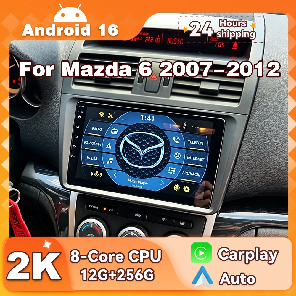 Android 16 For Mazda 6 2007 - 2012 Radio 9 inch Stereo Car Voice Multimidia Player GPS Navigation Carplay Bluetooth WiFi OBD2