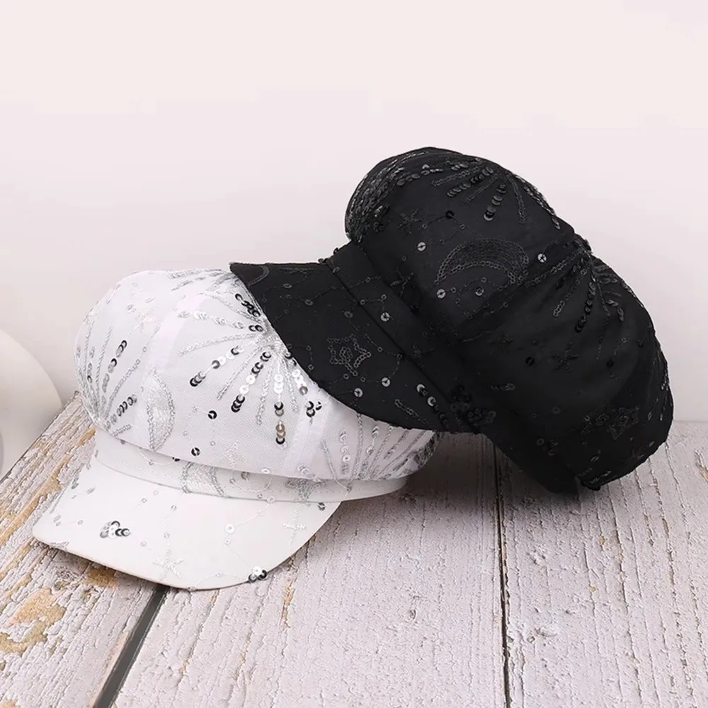 Fashion Sequin Newsboy Hat Sparkly Breathable Beret Hats Adjustable Painter Hat Beach Travel