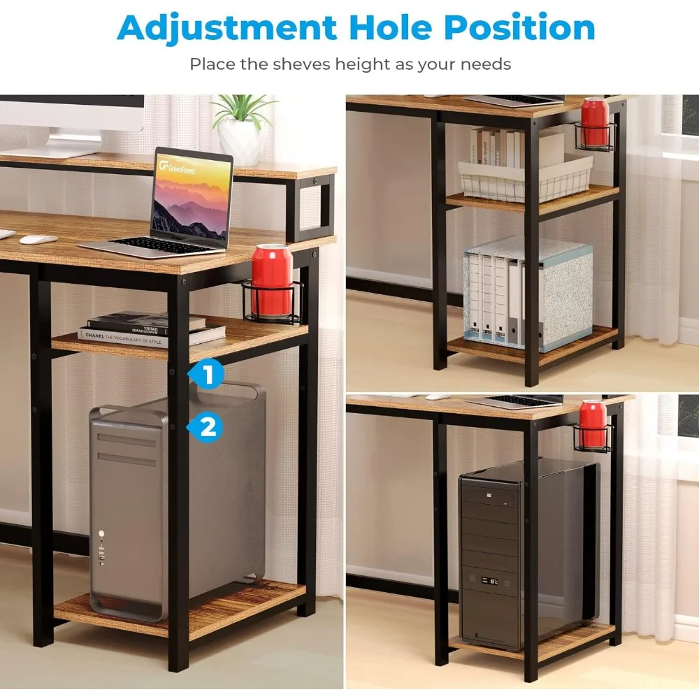Escritorio ergonómico para computadora de 47 pulgadas para oficina en casa pequeña con soporte para monitor y tomas de corriente, escritorio para juegos Reversible para comodidad