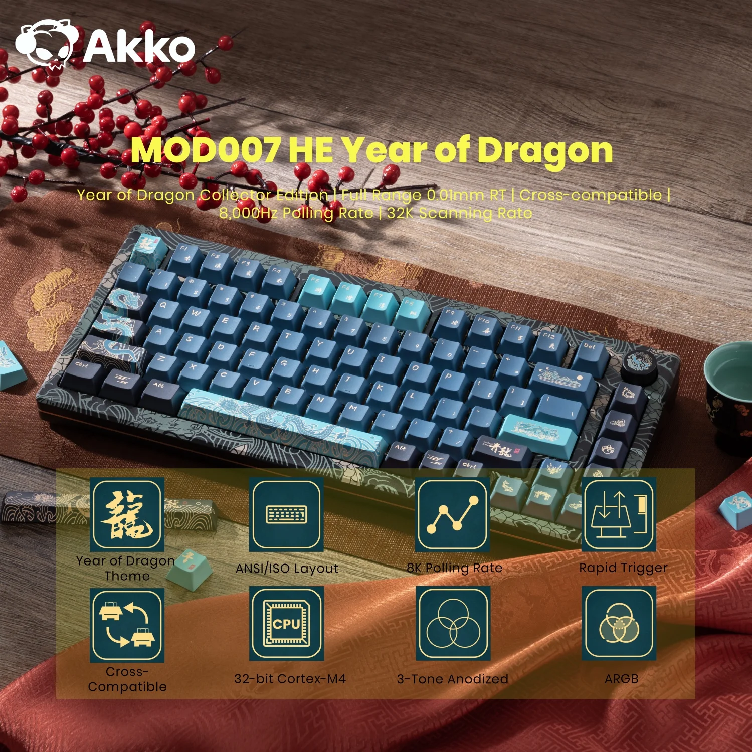 

Akko MOD007 HE Год Дракона Механическая клавиатура RGB 75% Магнитный переключатель 8K Скорость заката Быстрый триггер RT0.01 мм Игровая клавиатура