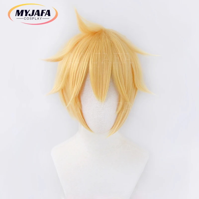 High Quality Anime Len Cosplay Wig Short Golden Blond Pigtail Heat Resistant Synthetic Hair Wigs + Wig Cap