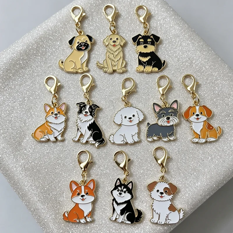 11Pcs Cute Cartoon Dog Keychains Alloy Enamel Puppy Charms, Corgi Husky Poodle Bulldog Schnauzer Bag Purse Backpack Car Key Pend - view 4