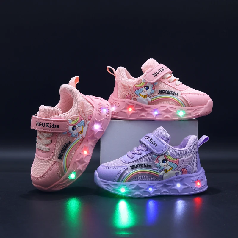 MGO KIDSS Spring and Autumn New Children's Luminous Shoes Light Children's Shoes Happy Pony Princess Shoes Student Shoes Rainbow