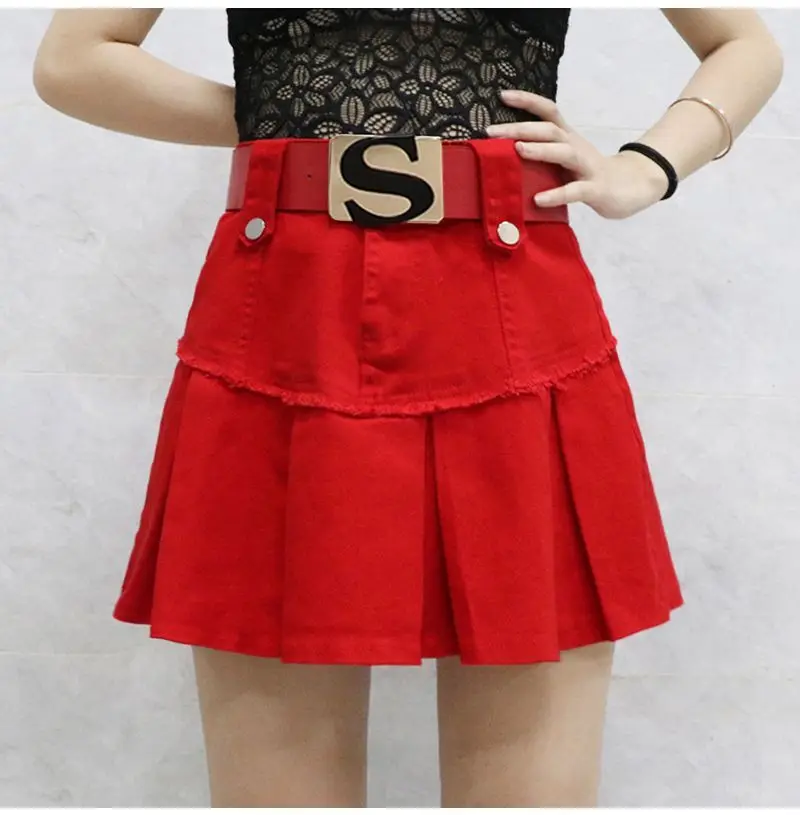 

Denim Cotton pleated skirt Women high-waisted a line casual skirt with belt