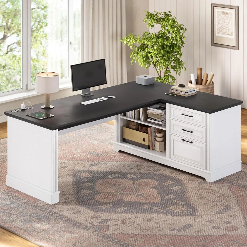 

61" Executive L Shaped Desk, Home Office Desk with File Drawers,with Power Outlets and Storage Shelves, Computer Desk