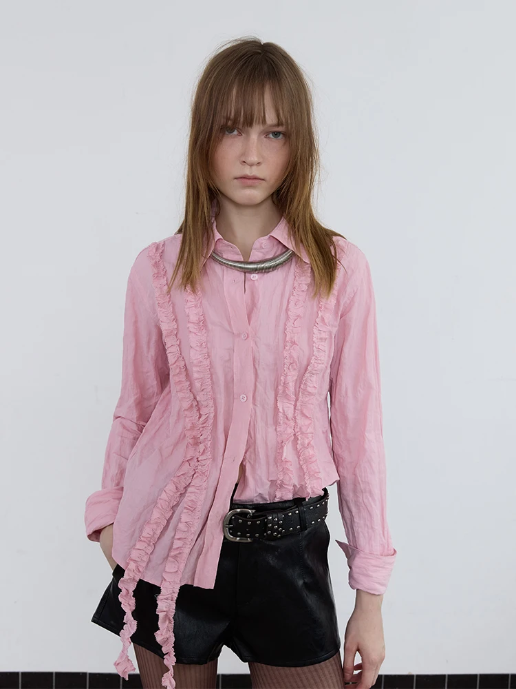 

Vintage Tree Pattern Ruffle Hem Lace irt Metal Fiber Splicing Medieval Sle Women's Slim Fit Cotton Blend Long Sve irt