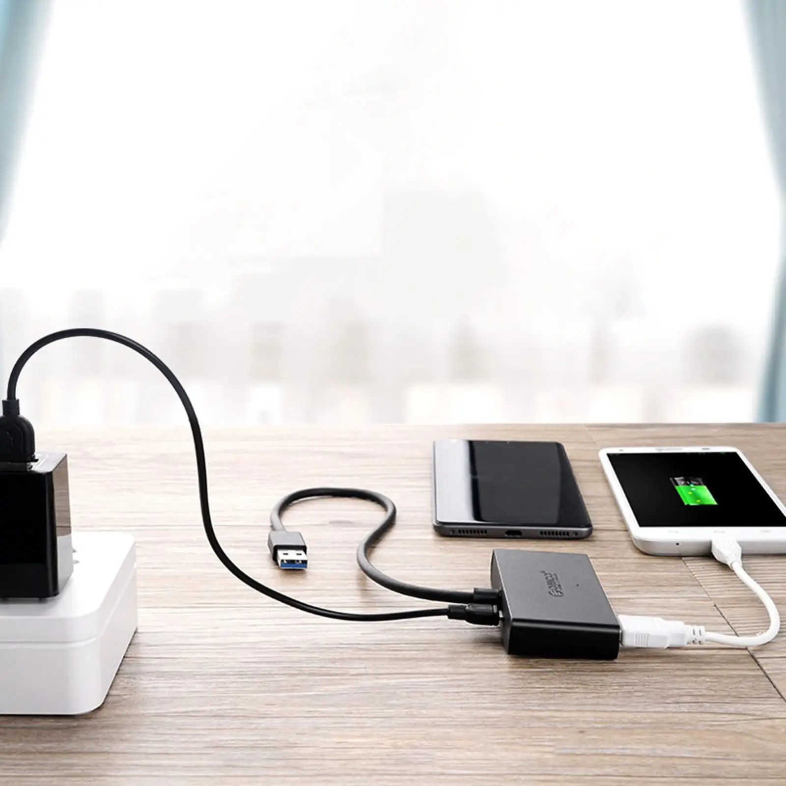 4-Port USB 3.0 Hub Splitter with Power Supply Port High Speed Adapter for PC/Laptop Desktop Mouse Flash Drives Black Ultra Slim