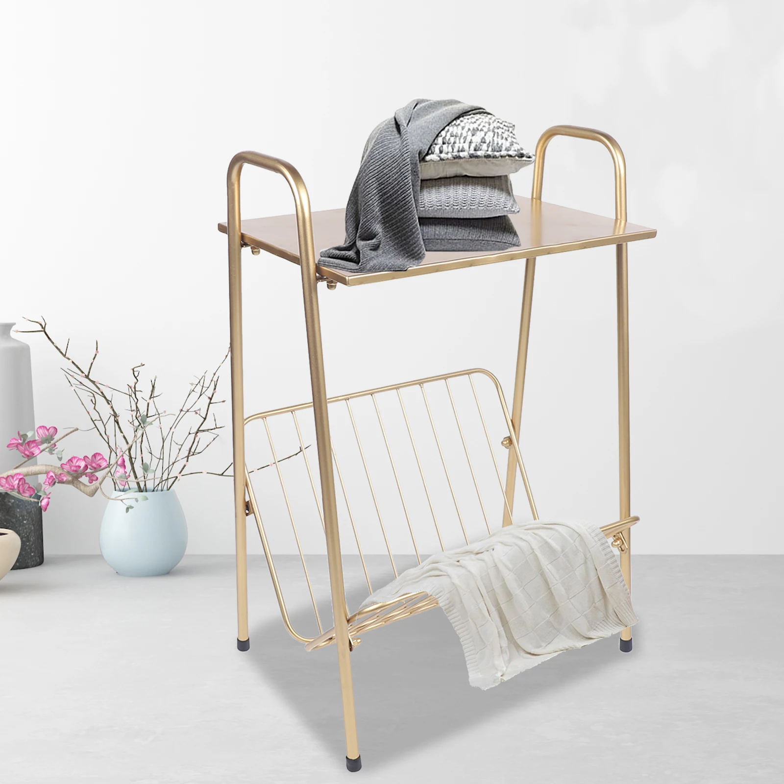 Rectangular Metal Side Table Two-Story End-Table Magazine Storage Shelf Gold