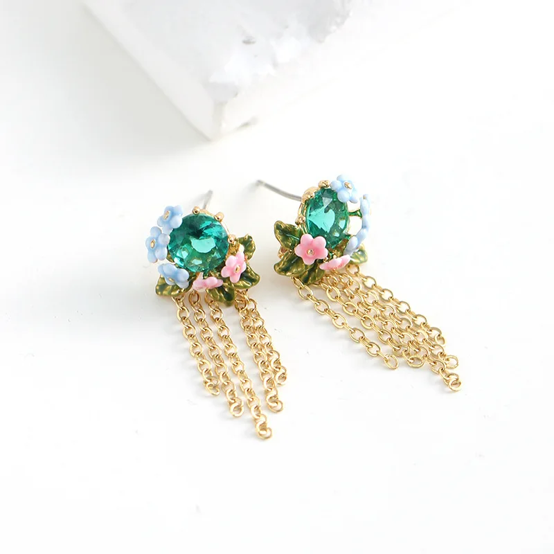 

Fashion Cute Sweet Mini Blue Pink Flower Green Leaf, Big Round Blue Zircon Glass Pendant Multi Chain Strings Women Stud Earrings
