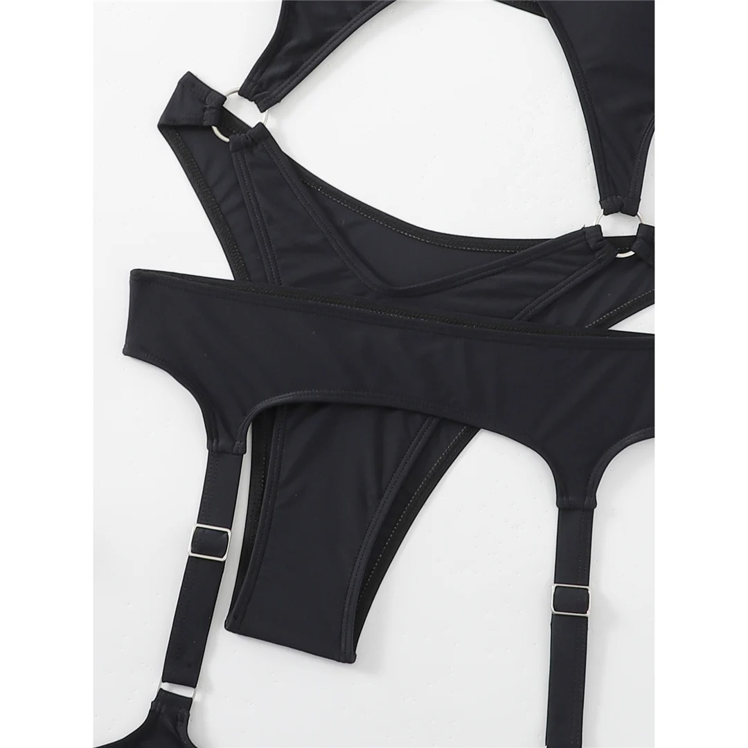 Sexy One-Piece-Badeanzug mit Bauchausschnitt, Neckholder und Strumpfhalter, Damen-Badebekleidung, High-Leg-Cut, Badeanzug für Damen, V4415 – Detail 16