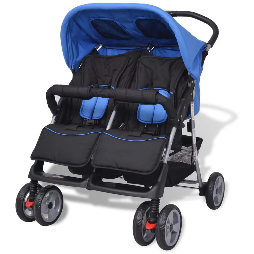 Blue and black steel two-seater stroller