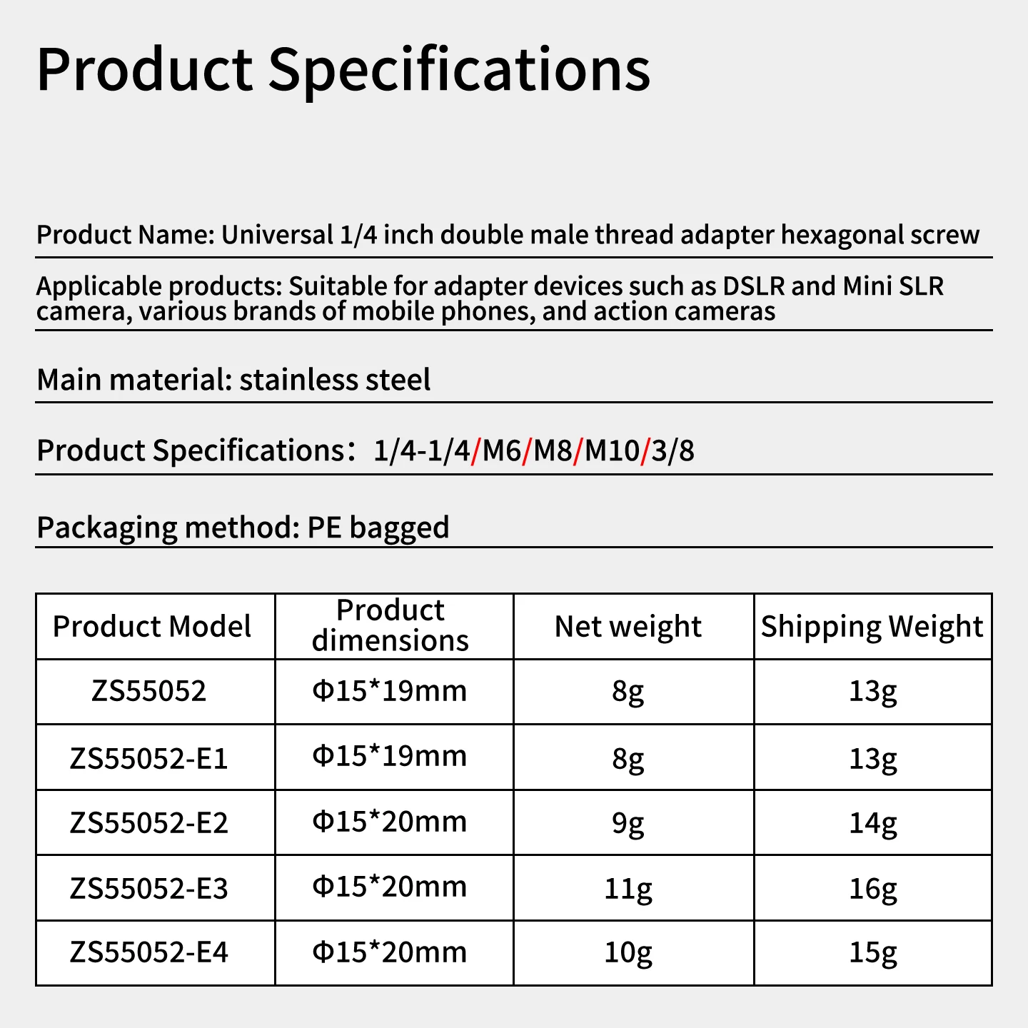 Edelstahl CNC 1/4"-20 Doppel-Außengewinde-Adapter Sechskantschraube 1/4 auf M6 M8 M10 3/8 für Kamera-Stativ, Handy, Action-Kamera – Detail 16