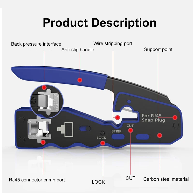 Imagem -05 - Cabo Ethernet Crimper Braçadeira de Fio Pinças Clip Crimper Stripper Through-hole Connector Alicates Pressionando Rj45 Utp Cat5 8