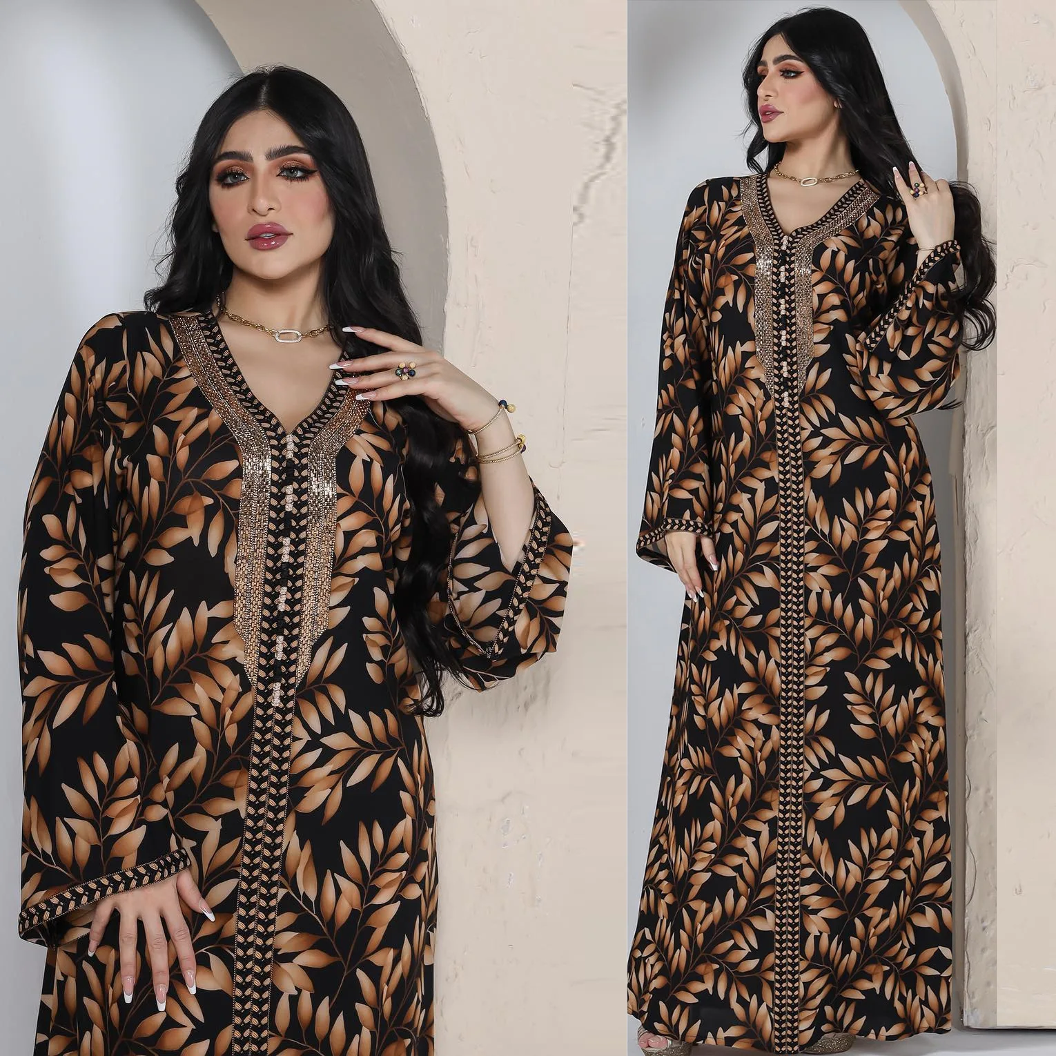 

Beaded Abaya Printed Long Dress for Women Arabic Party Kaftan Braided Trimming Saudi Gulf Dubai Jalabiya Muslim Evening Dresses