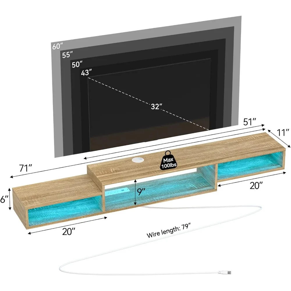 حامل تلفزيون عائم بإضاءة LED مقاس 71 بوصة مع مخرج طاقة ورف تخزين لأجهزة التلفاز المثبتة على الحائط ووحدات الوسائط والترفيه #3