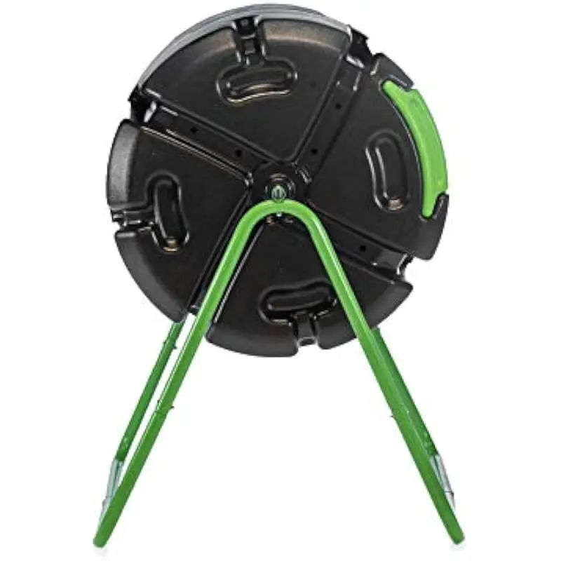 Rotating cylindrical compost bin with 37-gallon capacity made from UV-resistant recycled polyethylene in black and green finish
