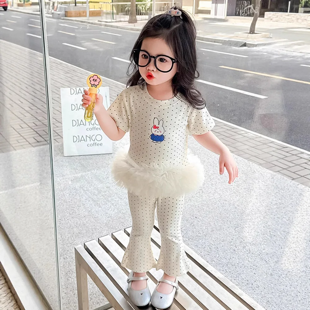2026 Summer Girls' Sweet and Cute T-Shirt Dress Fashionable Mesh Patchwork New Polka Dot Short Sleeve Outfit for Girls
