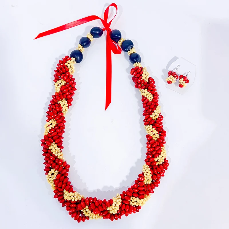 Free Shipping One Piece Red Coral Bean Necklace Fashion Ceylon Seeds Accessories for Women Jewelry Sets Hawaii Kukui Nut Leis