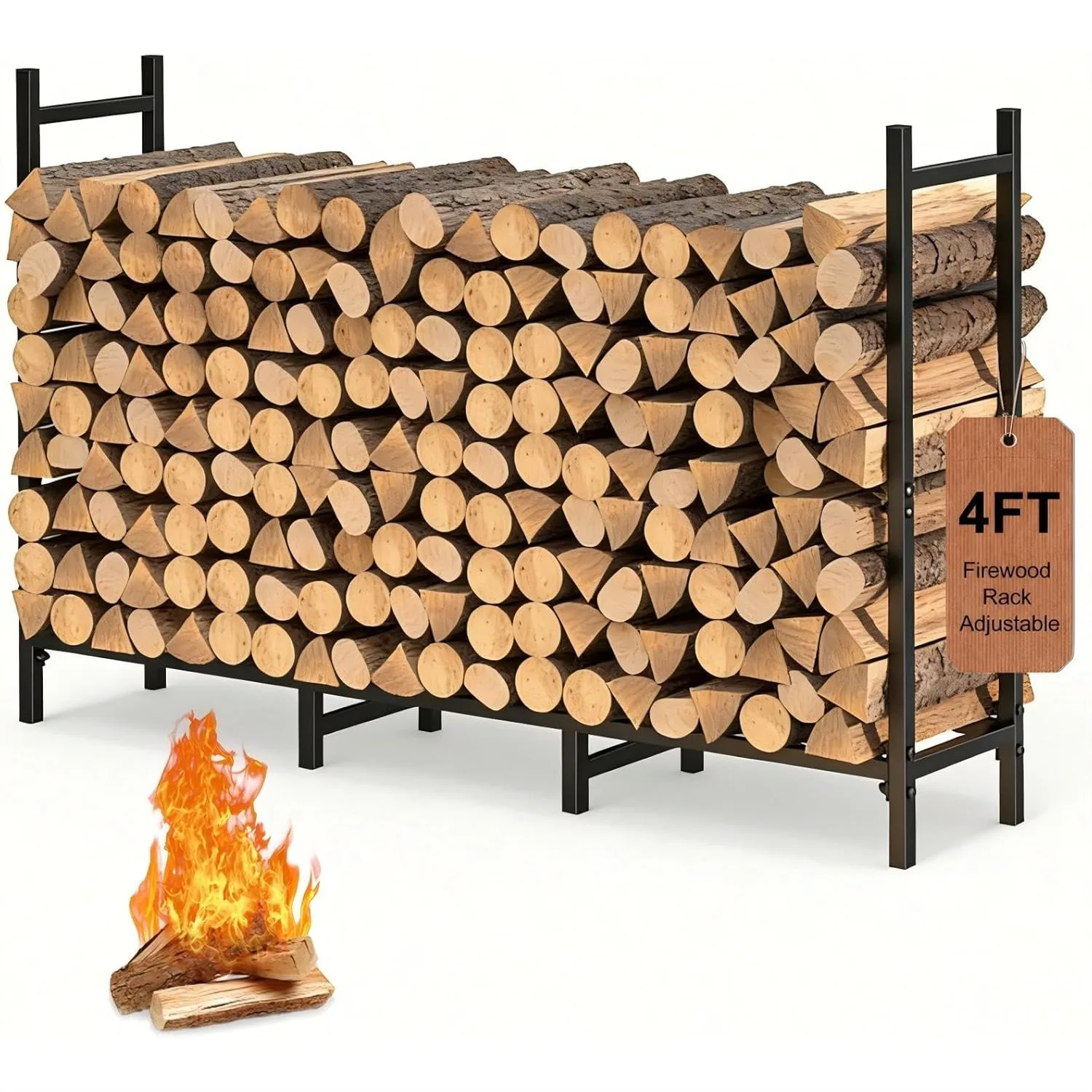 

4FT Firewood Rack Indoor Outdoor, Heavy Duty Log Holder Stand, Adjustable Wood Storage Organizer with Weather-Resistant Tubular