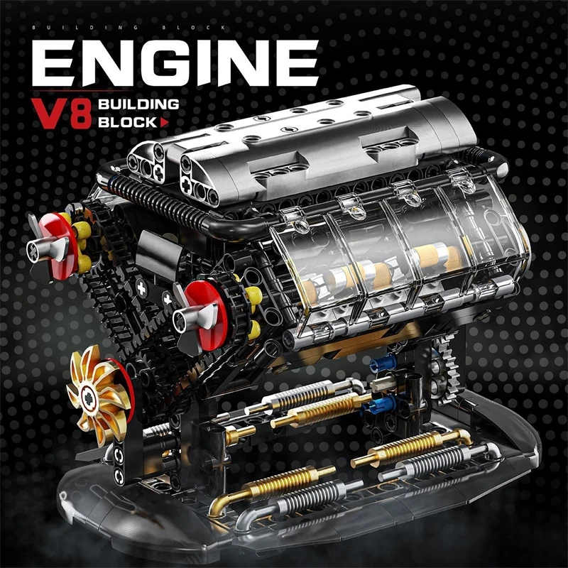 Mini V8 Engine Model Building Blocks Assembly Desktop Home Office Realistic Display For Boys Teens Birthday Christmas Gift