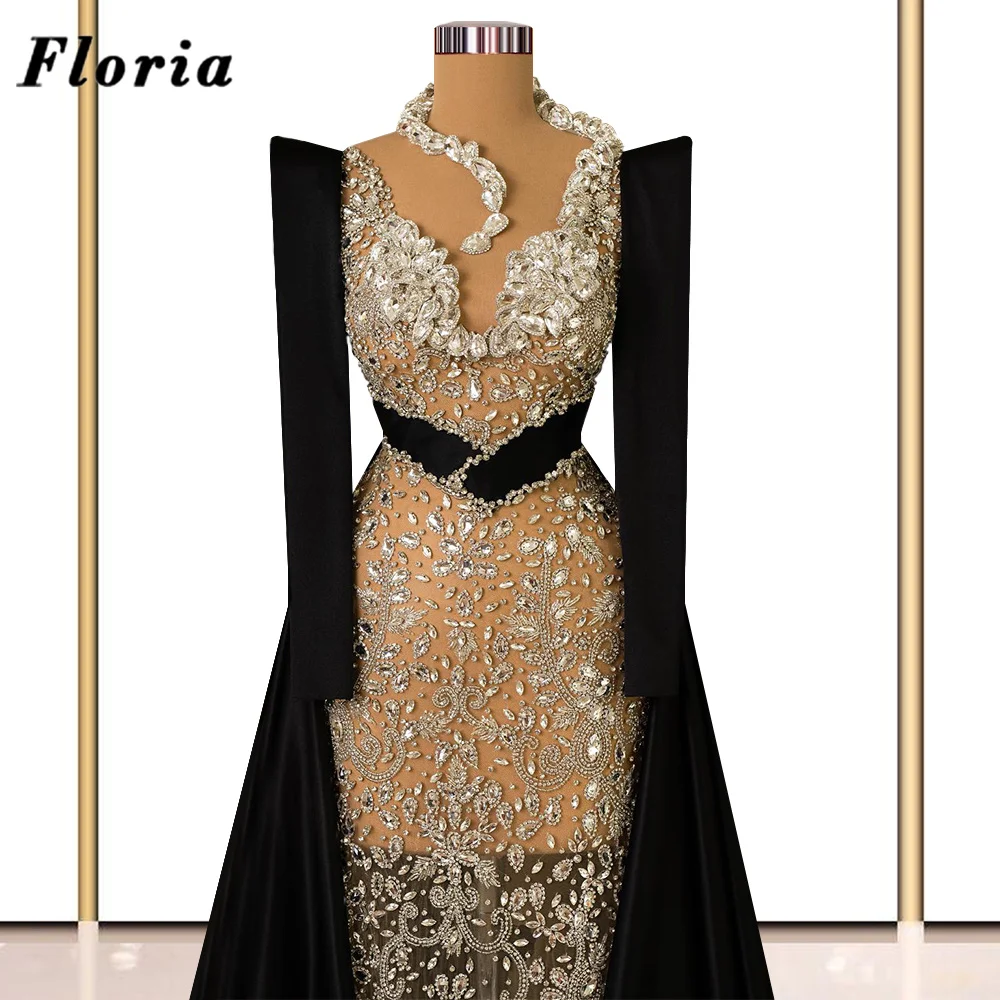 3 Designs Black Cape Sleeves Evening Dresses Middle East Dubai Beaded Crystals Party Dress Prom Engagement Dress Vestido De Gala