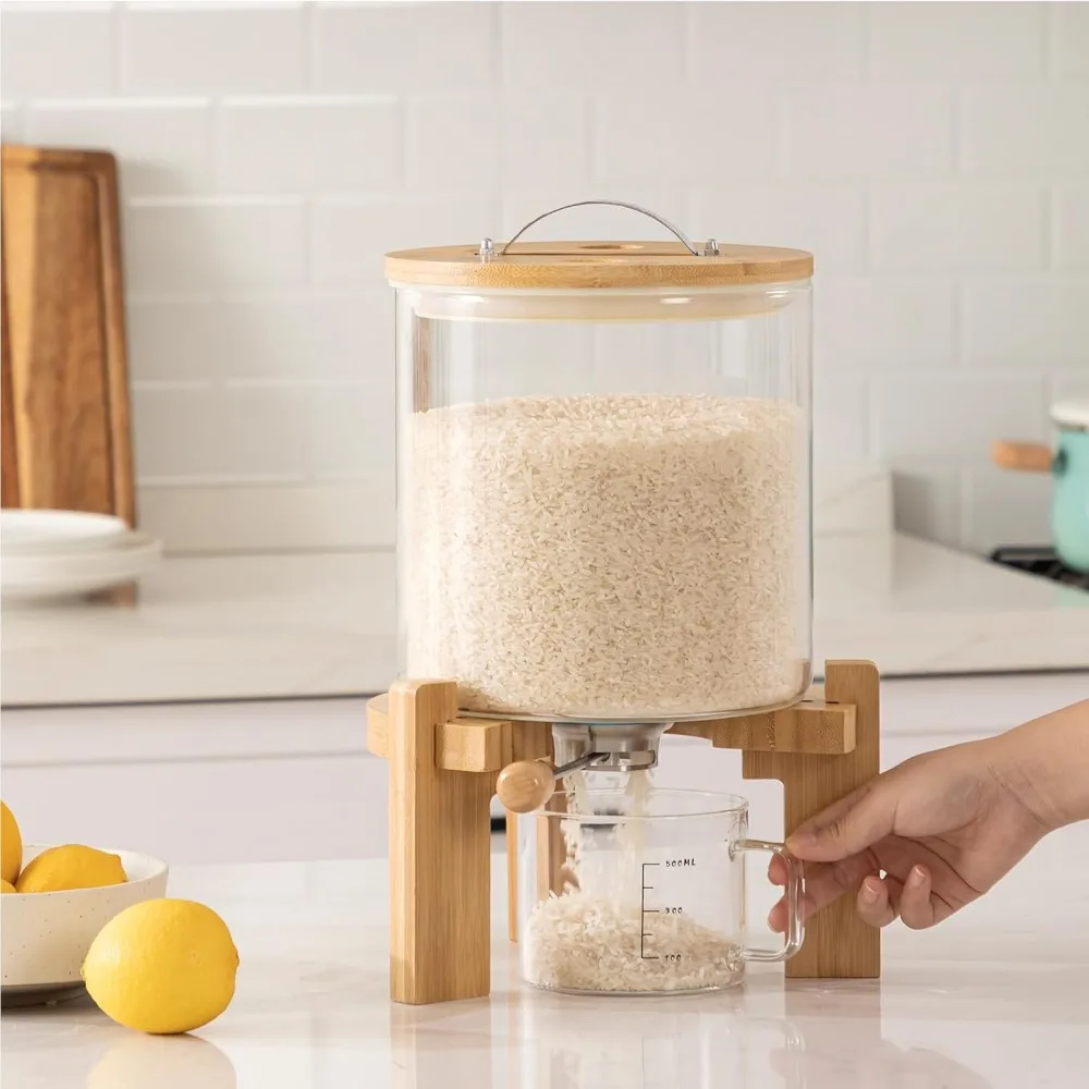 Glass Rice Dispenser with Wooden Stand Flour and Cereal Container with Glass Measuring Cup Pantry Food Organization Storage