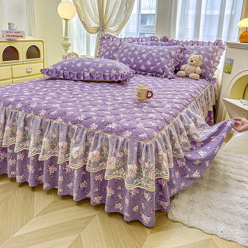 Lace Style Bed Skirt Flower Print Bedspread Single/Queen/King Size Bed Cover Thicken Bed Linen Jupe De Lit (No Pillowcase)