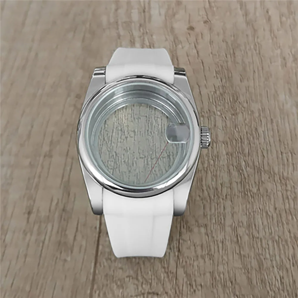 

36MM Oyster Perpetual/ Fluted Bezel Case Transparent Bottom Rubber Strap Flat Sapphire Glass /Magnifier For NH35/ NH36 Movement