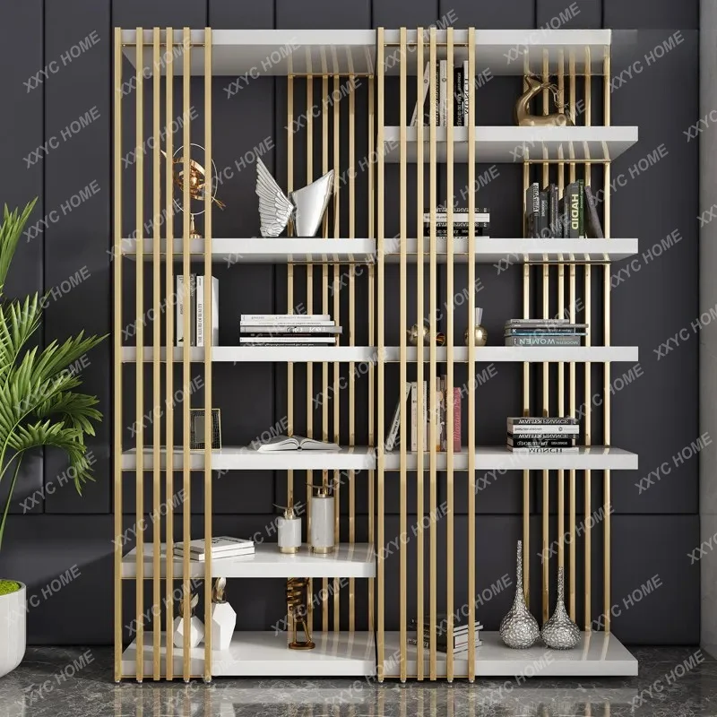 Light luxury bookshelf Floor-to-ceiling stainless steel bookcase Multi-layer partition display rack Living room shelf