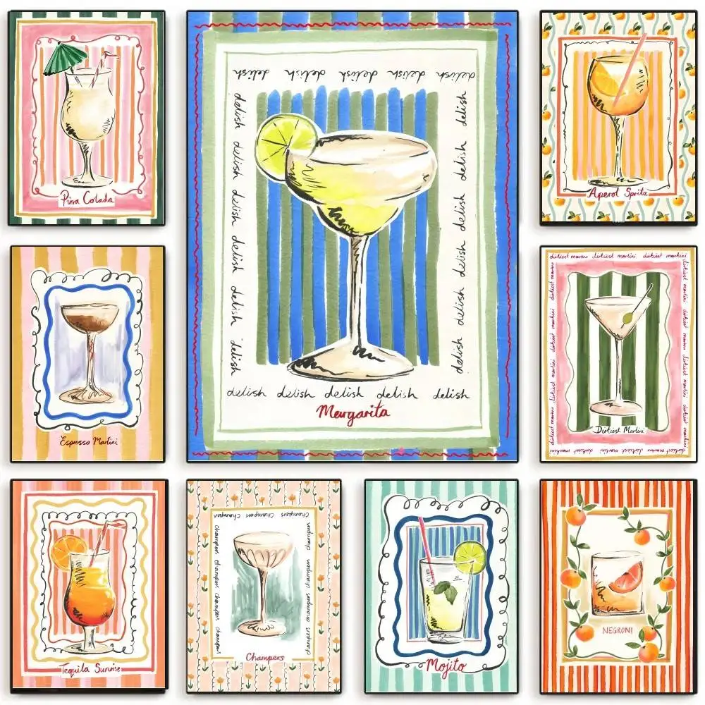 Cocktail Mojito Juice Drinks Bar Vintage Poster Self-adhesive Art Room Entrance Restaurant Wall Decor Art Painting