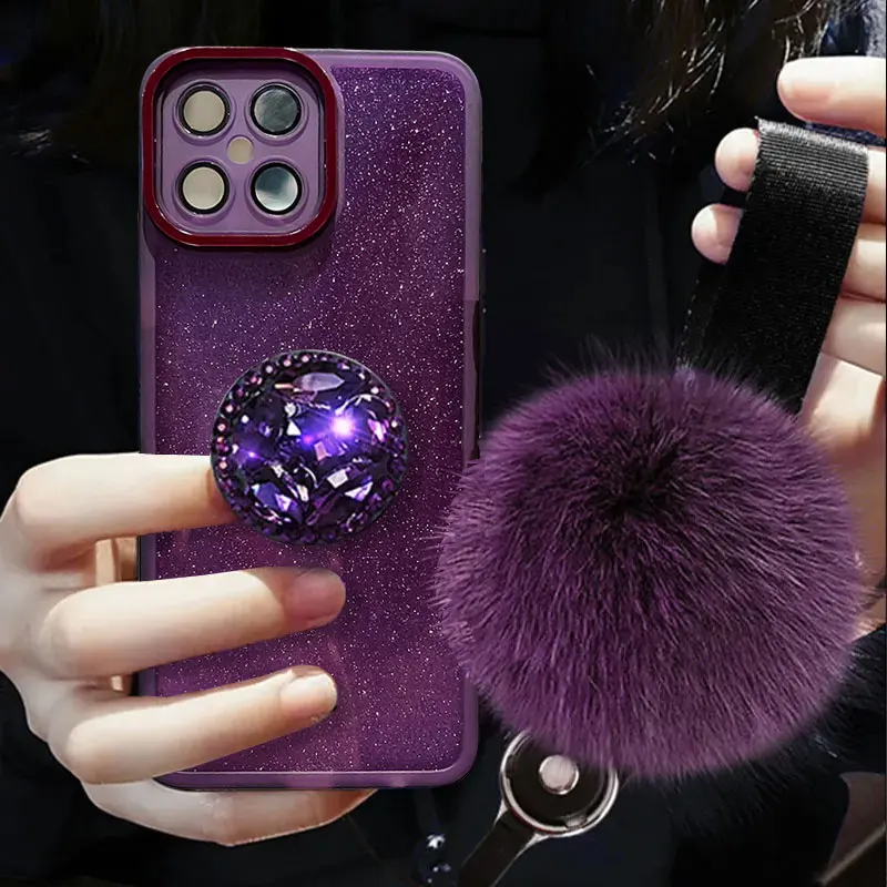 HonorX8 Glitter fur Ball Case,For Honor X8 2022 X6 X6s X7 X9 X7a X8a X5 Case Luxury Holder Cover X 8 Lanyard Shockproof Coque