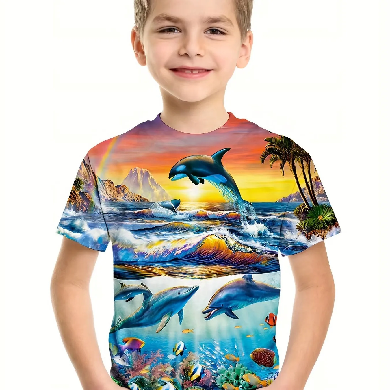 Boy's Hawaiian T-Shirt Vacation Kids Round Neck Tees Tops Beach Casual Soft Comfortable Breathable Summer Children's Clothing