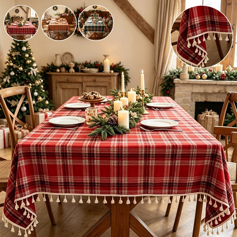 Christmas Plaid Tablecloth Red Green Tartan Tassel Vintage Table Cover for Xmas Party Dinner Home Camping Holiday Decorations