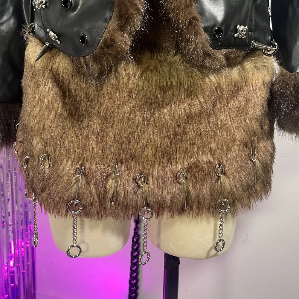 E-Girls لتقوم بها بنفسك Y2K نباتي جلدية فو الفراء سترة معطف القوطي ملابس للنادي دبوس الشرير الصخرة رصع في سن المراهقة الهيب هوب ايمو يدوية الجرونج