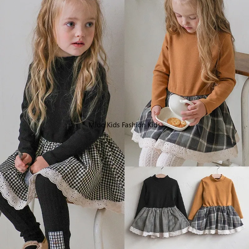 

Girls' Winter-Weight Skirted Dress Children's Fashionable Half-Turtleneck Patchwork Check Long-Sleeved Fleece-Lined Dress
