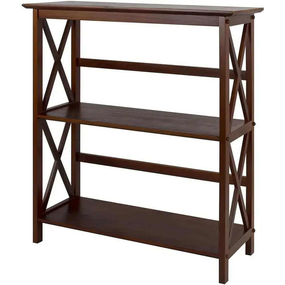 Modern 3-Tier Wood Bookshelf Dark Brown X-Design Style Shelving Unit