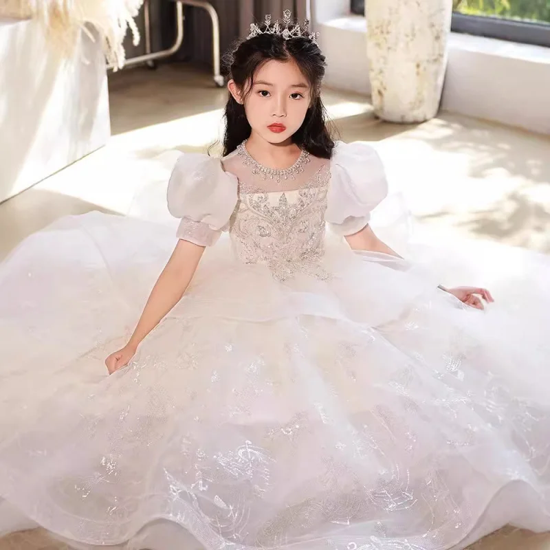 

Детское легкое роскошное нишевое платье принцессы на раннюю осень с цветочным узором на свадьбу, маленькое платье для девочек, платье для выступлений на фортепиано