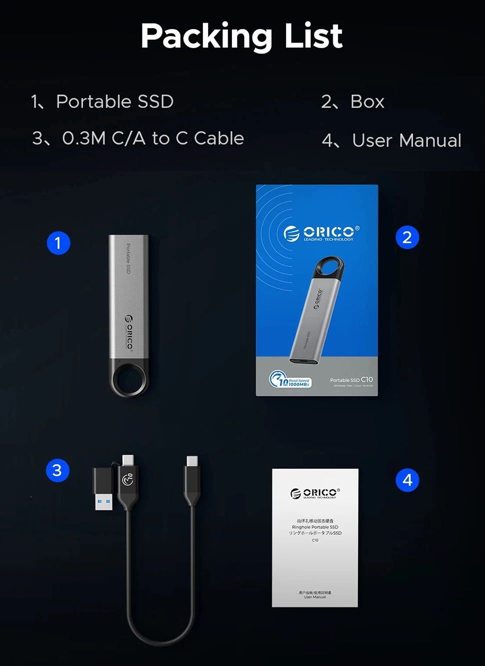 ORICO ポータブル外付け SSD ソリッド ステート ドライブ 2TB 1TB